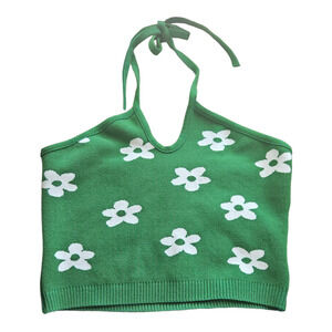 Debut Medium Green Floral Cropped Halter Top